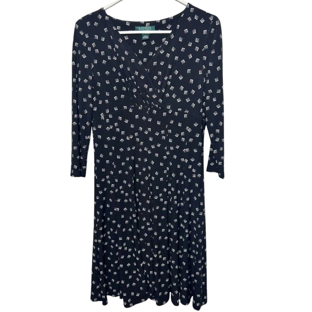 Lauren Ralph Lauren Dress Geo Print Women's Size 12P Black V-Neck